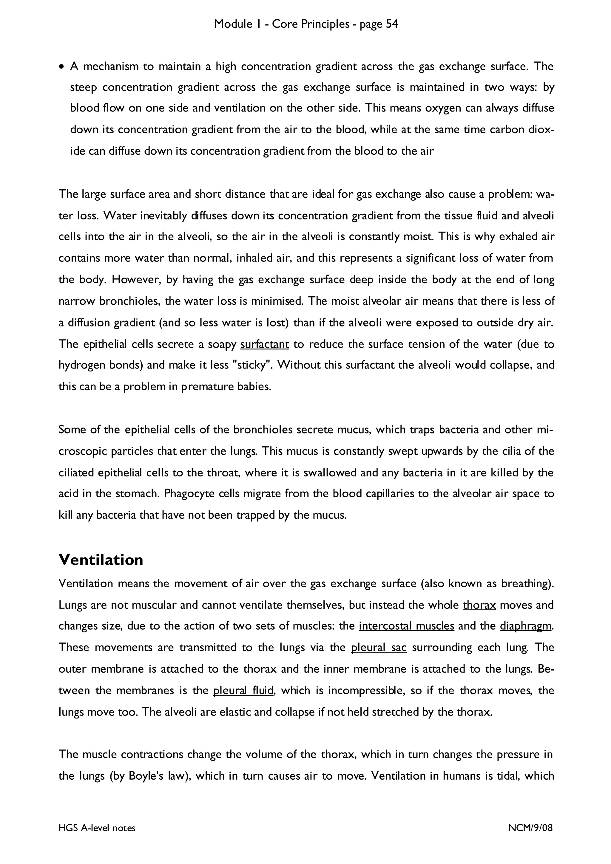 Module 1 - Core Principles - page 54
• A mechanism to maintain a high concentration gradient across the gas exchange surface. The
steep concentration gradient across the gas exchange surface is maintained in two ways: by
blood flow on one side and ventilation on the other side. This means oxygen can always diffuse
down its concentration gradient from the air to the blood, while at the same time carbon dioxide can diffuse down its concentration gradient from the blood to the air
The large surface area and short distance that are ideal for gas exchange also cause a problem: water loss. Water inevitably diffuses down its concentration gradient from the tissue fluid and alveoli
cells into the air in the alveoli, so the air in the alveoli is constantly moist. This is why exhaled air
contains more water than normal, inhaled air, and this represents a significant loss of water from
the body. However, by having the gas exchange surface deep inside the body at the end of long
narrow bronchioles, the water loss is minimised. The moist alveolar air means that there is less of
a diffusion gradient (and so less water is lost) than if the alveoli were exposed to outside dry air.
The epithelial cells secrete a soapy surfactant to reduce the surface tension of the water (due to
hydrogen bonds) and make it less "sticky". Without this surfactant the alveoli would collapse, and
this can be a problem in premature babies.
Some of the epithelial cells of the bronchioles secrete mucus, which traps bacteria and other microscopic particles that enter the lungs. This mucus is constantly swept upwards by the cilia of the
ciliated epithelial cells to the throat, where it is swallowed and any bacteria in it are killed by the
acid in the stomach. Phagocyte cells migrate from the blood capillaries to the alveolar air space to
kill any bacteria that have not been trapped by the mucus.

Ventilation
Ventilation means the movement of air over the gas exchange surface (also known as breathing).
Lungs are not muscular and cannot ventilate themselves, but instead the whole thorax moves and
changes size, due to the action of two sets of muscles: the intercostal muscles and the diaphragm.
These movements are transmitted to the lungs via the pleural sac surrounding each lung. The
outer membrane is attached to the thorax and the inner membrane is attached to the lungs. Between the membranes is the pleural fluid, which is incompressible, so if the thorax moves, the
lungs move too. The alveoli are elastic and collapse if not held stretched by the thorax.
The muscle contractions change the volume of the thorax, which in turn changes the pressure in
the lungs (by Boyle's law), which in turn causes air to move. Ventilation in humans is tidal, which

HGS A-level notes

NCM/9/08

 