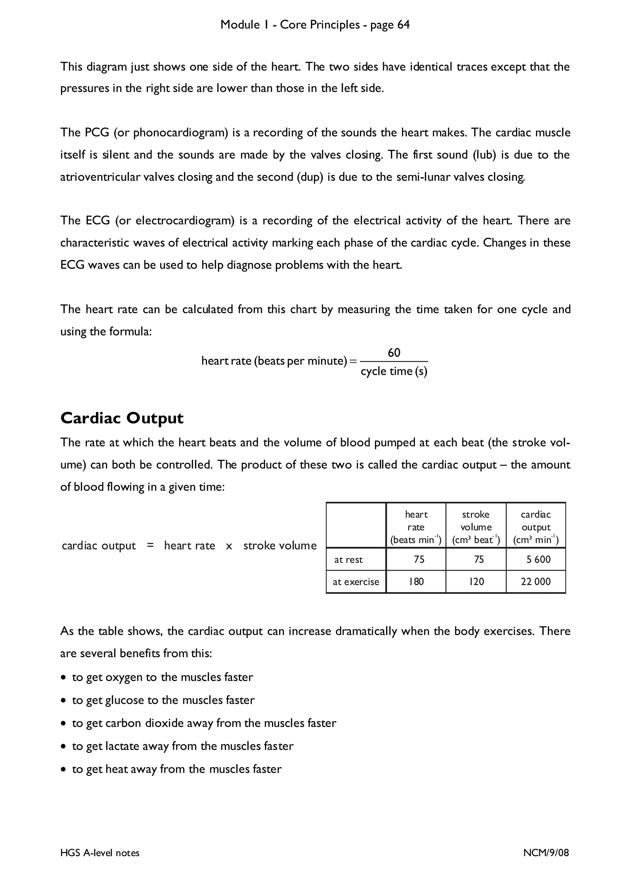 Module 1 - Core Principles - page 64
This diagram just shows one side of the heart. The two sides have identical traces except that the
pressures in the right side are lower than those in the left side.
The PCG (or phonocardiogram) is a recording of the sounds the heart makes. The cardiac muscle
itself is silent and the sounds are made by the valves closing. The first sound (lub) is due to the
atrioventricular valves closing and the second (dup) is due to the semi-lunar valves closing.
The ECG (or electrocardiogram) is a recording of the electrical activity of the heart. There are
characteristic waves of electrical activity marking each phase of the cardiac cycle. Changes in these
ECG waves can be used to help diagnose problems with the heart.
The heart rate can be calculated from this chart by measuring the time taken for one cycle and
using the formula:
heart rate (beats per minute) =

60
cycle time (s)

Cardiac Output
The rate at which the heart beats and the volume of blood pumped at each beat (the stroke volume) can both be controlled. The product of these two is called the cardiac output – the amount
of blood flowing in a given time:
heart
stroke
rate
volume
-1
-1
(beats min ) (cm³ beat )

cardiac output = heart rate x stroke volume
at rest
at exercise

cardiac
output
-1
(cm³ min )

75

75

5 600

180

120

22 000

As the table shows, the cardiac output can increase dramatically when the body exercises. There
are several benefits from this:
• to get oxygen to the muscles faster
• to get glucose to the muscles faster
• to get carbon dioxide away from the muscles faster
• to get lactate away from the muscles faster
• to get heat away from the muscles faster

HGS A-level notes

NCM/9/08

 