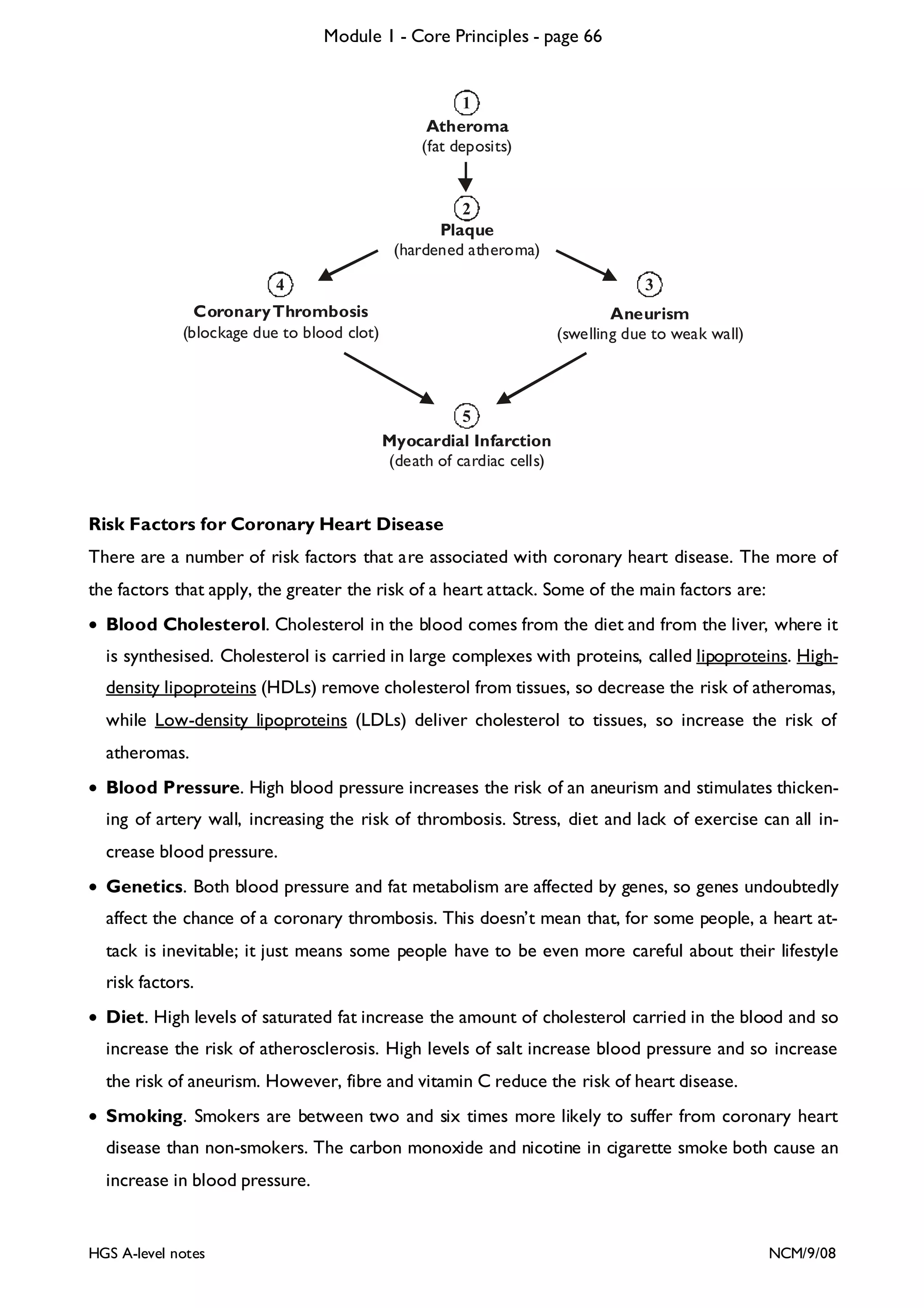 Module 1 - Core Principles - page 66

1
Atheroma
(fat deposits)

2
Plaque
(hardened atheroma)
4

3

Coronary Thrombosis
(blockage due to blood clot)

Aneurism
(swelling due to weak wall)

5
Myocardial Infarction
(death of cardiac cells)

Risk Factors for Coronary Heart Disease

There are a number of risk factors that are associated with coronary heart disease. The more of
the factors that apply, the greater the risk of a heart attack. Some of the main factors are:
• Blood Cholesterol. Cholesterol in the blood comes from the diet and from the liver, where it
is synthesised. Cholesterol is carried in large complexes with proteins, called lipoproteins. Highdensity lipoproteins (HDLs) remove cholesterol from tissues, so decrease the risk of atheromas,
while Low-density lipoproteins (LDLs) deliver cholesterol to tissues, so increase the risk of
atheromas.
• Blood Pressure. High blood pressure increases the risk of an aneurism and stimulates thickening of artery wall, increasing the risk of thrombosis. Stress, diet and lack of exercise can all increase blood pressure.
• Genetics. Both blood pressure and fat metabolism are affected by genes, so genes undoubtedly
affect the chance of a coronary thrombosis. This doesn’t mean that, for some people, a heart attack is inevitable; it just means some people have to be even more careful about their lifestyle
risk factors.
• Diet . High levels of saturated fat increase the amount of cholesterol carried in the blood and so
increase the risk of atherosclerosis. High levels of salt increase blood pressure and so increase
the risk of aneurism. However, fibre and vitamin C reduce the risk of heart disease.
• Smoking. Smokers are between two and six times more likely to suffer from coronary heart
disease than non-smokers. The carbon monoxide and nicotine in cigarette smoke both cause an
increase in blood pressure.

HGS A-level notes

NCM/9/08

 