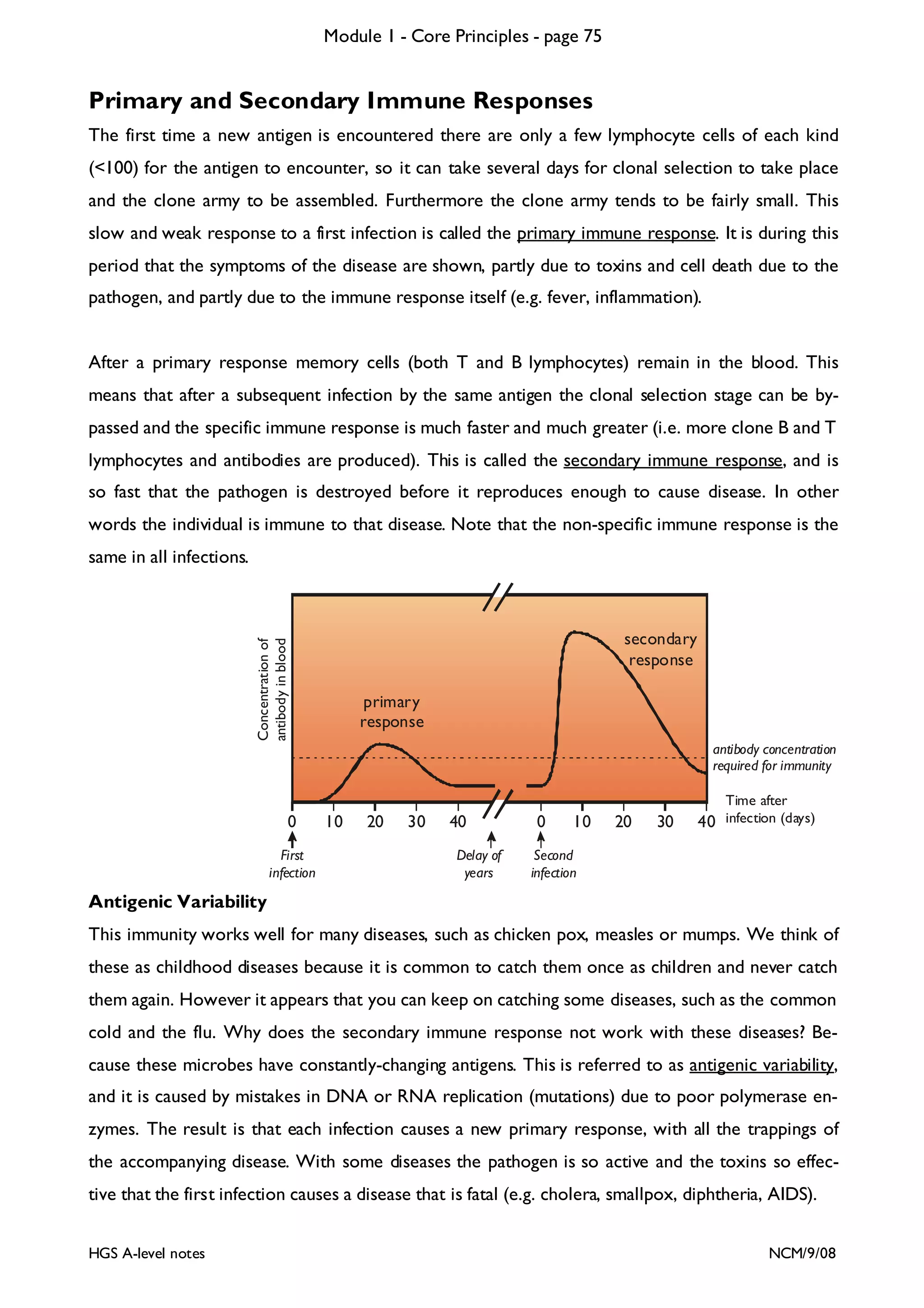 Module 1 - Core Principles - page 75

Primary and Secondary Immune Responses
The first time a new antigen is encountered there are only a few lymphocyte cells of each kind
(<100) for the antigen to encounter, so it can take several days for clonal selection to take place
and the clone army to be assembled. Furthermore the clone army tends to be fairly small. This
slow and weak response to a first infection is called the primary immune response. It is during this
period that the symptoms of the disease are shown, partly due to toxins and cell death due to the
pathogen, and partly due to the immune response itself (e.g. fever, inflammation).
After a primary response memory cells (both T and B lymphocytes) remain in the blood. This
means that after a subsequent infection by the same antigen the clonal selection stage can be bypassed and the specific immune response is much faster and much greater (i.e. more clone B and T
lymphocytes and antibodies are produced). This is called the secondary immune response, and is
so fast that the pathogen is destroyed before it reproduces enough to cause disease. In other
words the individual is immune to that disease. Note that the non-specific immune response is the
same in all infections.

Concentration of
antibody in blood

secondary
response
primary
response
antibody concentration
required for immunity

0
First
infection

10

20

30

40
Delay of
years

0

10

20

30

Time after
40 infection (days)

Second
infection

Antigenic Variability

This immunity works well for many diseases, such as chicken pox, measles or mumps. We think of
these as childhood diseases because it is common to catch them once as children and never catch
them again. However it appears that you can keep on catching some diseases, such as the common
cold and the flu. Why does the secondary immune response not work with these diseases? Because these microbes have constantly-changing antigens. This is referred to as antigenic variability,
and it is caused by mistakes in DNA or RNA replication (mutations) due to poor polymerase enzymes. The result is that each infection causes a new primary response, with all the trappings of
the accompanying disease. With some diseases the pathogen is so active and the toxins so effective that the first infection causes a disease that is fatal (e.g. cholera, smallpox, diphtheria, AIDS).
HGS A-level notes

NCM/9/08

 