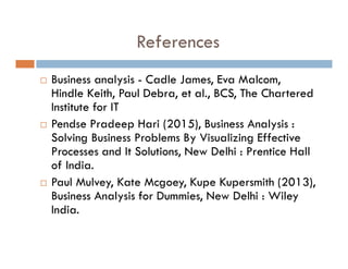References
 Business analysis - Cadle James, Eva Malcom,
Hindle Keith, Paul Debra, et al., BCS, The Chartered
Institute for IT
 Pendse Pradeep Hari (2015), Business Analysis :
Solving Business Problems By Visualizing Effective
Processes and It Solutions, New Delhi : Prentice Hall
of India.
 Paul Mulvey, Kate Mcgoey, Kupe Kupersmith (2013),
Business Analysis for Dummies, New Delhi : Wiley
India.
 