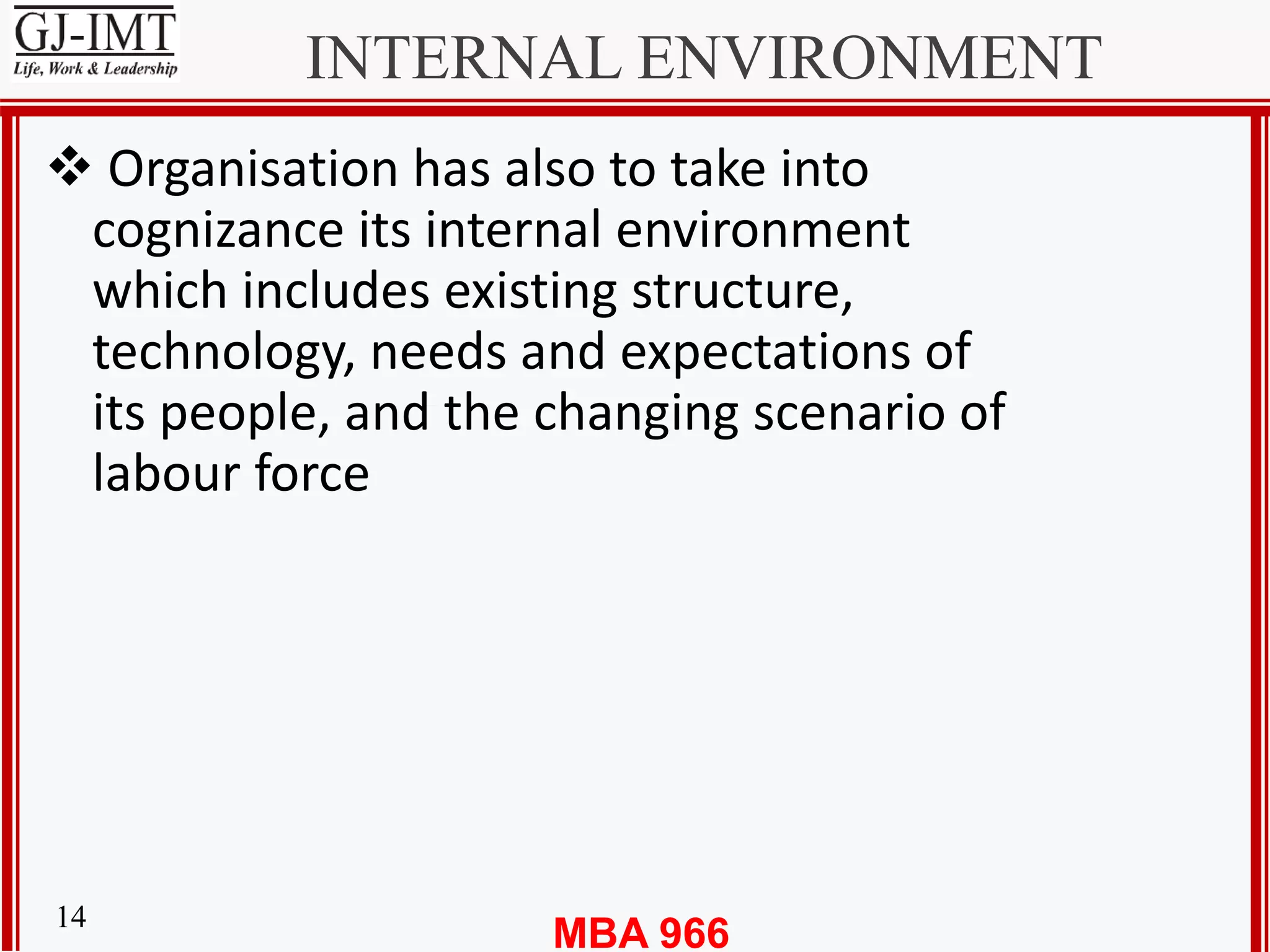 MBA 96614
INTERNAL ENVIRONMENT
 Organisation has also to take into
cognizance its internal environment
which includes existing structure,
technology, needs and expectations of
its people, and the changing scenario of
labour force
 