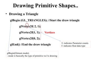 Drawing Primitive Shapes..
• Drawing a Triangle
glBegin (GL_TRIANGLES); //Start the draw triangle
glVertex2f( 2, 1);
glVertex2f(1, 1);
glVertex2f(0, 2);
glEnd() //End the draw triangle
Vertices
2- indicates Parameter counts
f- indicates float data type
glBegin(Glenum mode);
- mode is basically the type of primitive we’re drawing
 