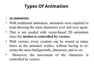Types Of Animation
• 2D ANIMATION
• With traditional animation, animators were required to
keep drawing the same characters over and over again.
• That is not needed with vector-based 2D animation
since the motion is controlled by vectors.
• With vectors, every creation can be reused as many
times as the animator wishes, without having to re-
create the same backgrounds, characters, and so on.
• Moreover, the movement of the characters is
controlled by vectors.
 