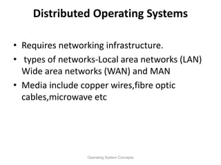 Distributed Operating Systems
• Requires networking infrastructure.
• types of networks-Local area networks (LAN)
Wide area networks (WAN) and MAN
• Media include copper wires,fibre optic
cables,microwave etc
Operating System Concepts
 