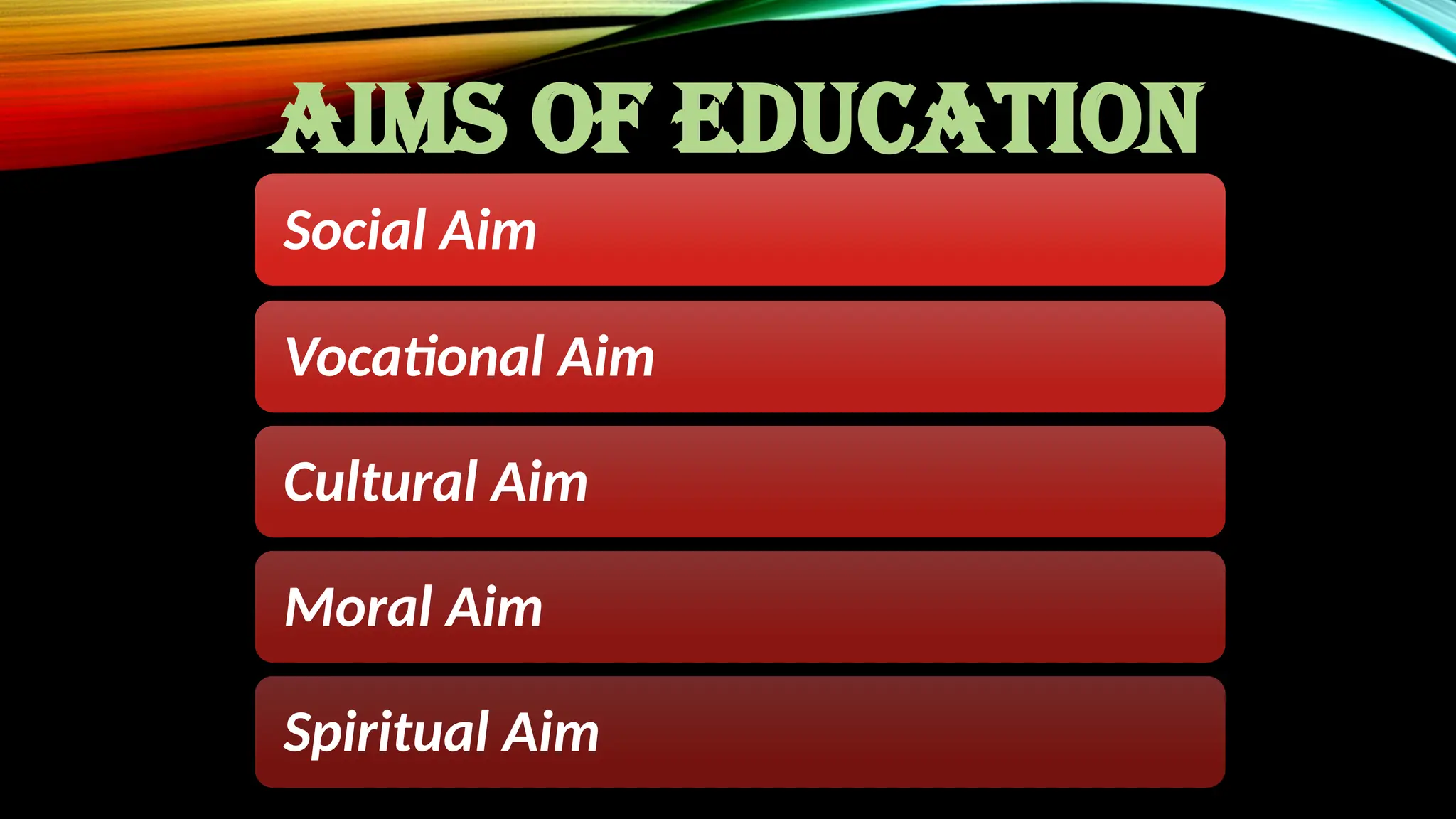 Social Aim
Vocational Aim
Cultural Aim
Moral Aim
Spiritual Aim
AIMS OF EDUCATION
 