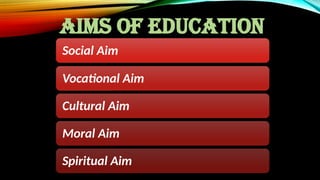 Social Aim
Vocational Aim
Cultural Aim
Moral Aim
Spiritual Aim
AIMS OF EDUCATION
 