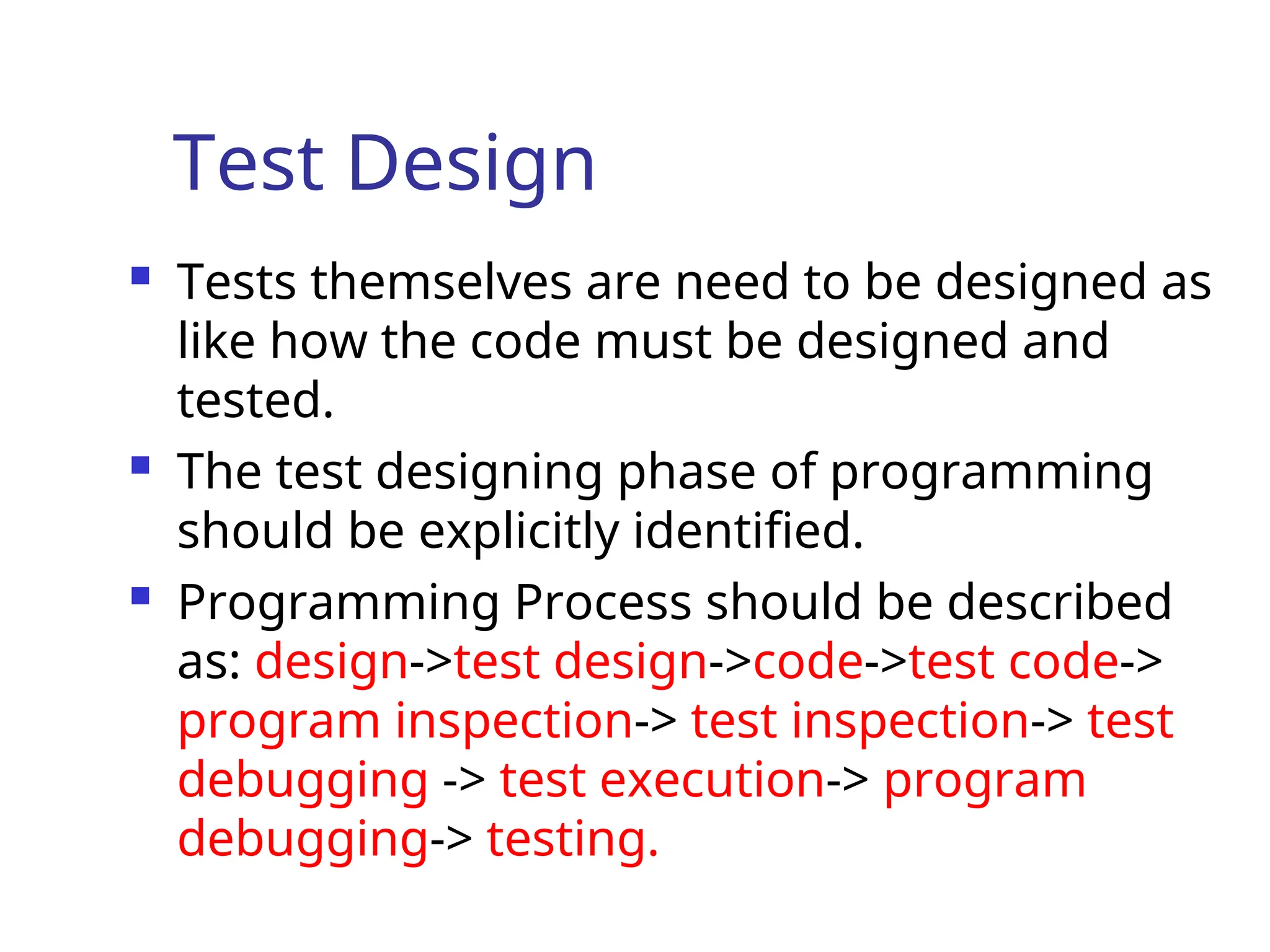Test Design
 Tests themselves are need to be designed as
like how the code must be designed and
tested.
 The test designing phase of programming
should be explicitly identified.
 Programming Process should be described
as: design->test design->code->test code->
program inspection-> test inspection-> test
debugging -> test execution-> program
debugging-> testing.
 