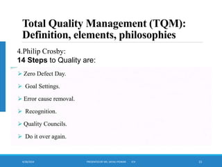 4/28/2024 PRESENTED BY MS. SAYALI POWAR ICH 15
Total Quality Management (TQM):
Definition, elements, philosophies
.
4.Philip Crosby:
14 Steps to Quality are:
 