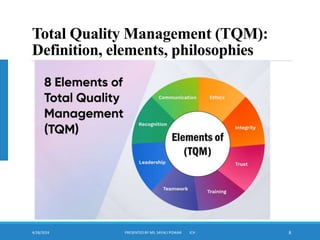 4/28/2024 PRESENTED BY MS. SAYALI POWAR ICH 8
Total Quality Management (TQM):
Definition, elements, philosophies
 