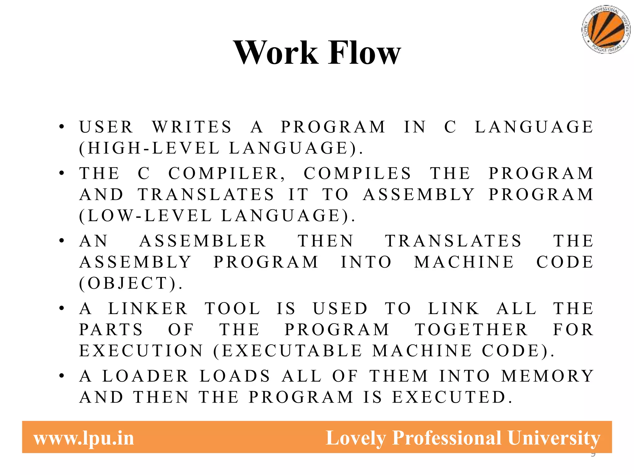 Work Flow
• U S E R W R I T E S A P R O G R A M I N C L A N G U A G E
( H I G H - L E V E L L A N G U A G E ) .
• T H E C C O M P I L E R , C O M P I L E S T H E P R O G R A M
A N D T R A N S L AT E S I T TO A S S E M B LY P R O G R A M
( L O W- L E V E L L A N G U A G E ) .
• A N A S S E M B L E R T H E N T R A N S L AT E S T H E
A S S E M B LY P R O G R A M I N TO M A C H I N E C O D E
( O B J E C T ) .
• A L I N K E R TO O L I S U S E D TO L I N K A L L T H E
PA RT S O F T H E P R O G R A M TO G E T H E R F O R
E X E C U T I O N ( E X E C U TA B L E M A C H I N E C O D E ) .
• A L O A D E R L O A D S A L L O F T H E M I N TO M E M O RY
A N D T H E N T H E P R O G R A M I S E X E C U T E D .
9
www.lpu.in Lovely Professional University
 
