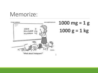 Memorize:
1000 mg = 1 g
1000 g = 1 kg
 