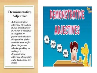Demonstrative
Adjective
• A demonstrative
adjective (this, that,
these, those) shows
the noun it modifies
is singular or
plural and whether
the position of the
noun is near or far
from the person
who is speaking or
writing. A
demonstrative
adjective also points
out a fact about the
noun.
 