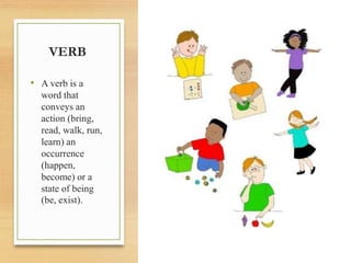 VERB
• A verb is a
word that
conveys an
action (bring,
read, walk, run,
learn) an
occurrence
(happen,
become) or a
state of being
(be, exist).
 