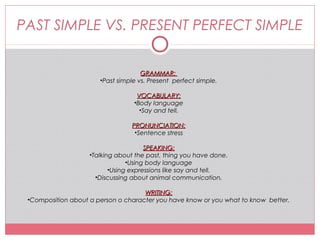 PAST SIMPLE VS. PRESENT PERFECT SIMPLE
GRAMMAR:GRAMMAR:
•Past simple vs. Present perfect simple.
VOCABULARY:VOCABULARY:
•Body language
•Say and tell.
PRONUNCIATION:PRONUNCIATION:
•Sentence stress
SPEAKING:SPEAKING:
•Talking about the past, thing you have done.
•Using body language
•Using expressions like say and tell.
•Discussing about animal communication.
WRITING:WRITING:
•Composition about a person o character you have know or you what to know better.
 