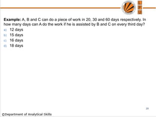 Example: A, B and C can do a piece of work in 20, 30 and 60 days respectively. In
how many days can A do the work if he is assisted by B and C on every third day?
a) 12 days
b) 15 days
c) 16 days
d) 18 days
20
 