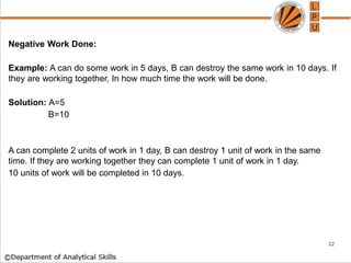Negative Work Done:
Example: A can do some work in 5 days, B can destroy the same work in 10 days. If
they are working together, In how much time the work will be done.
Solution: A=5
B=10
A can complete 2 units of work in 1 day, B can destroy 1 unit of work in the same
time. If they are working together they can complete 1 unit of work in 1 day.
10 units of work will be completed in 10 days.
22
 