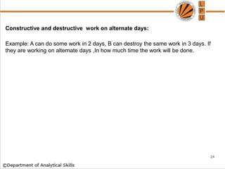 Constructive and destructive work on alternate days:
Example: A can do some work in 2 days, B can destroy the same work in 3 days. If
they are working on alternate days ,In how much time the work will be done.
24
 