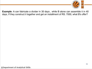 Example: A can fabricate a divider in 30 days , while B alone can assemble it in 40
days, If they construct it together and get an installment of RS. 7000, what B's offer?
46
 