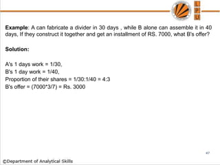 Example: A can fabricate a divider in 30 days , while B alone can assemble it in 40
days, If they construct it together and get an installment of RS. 7000, what B's offer?
Solution:
A's 1 days work = 1/30,
B's 1 day work = 1/40,
Proportion of their shares = 1/30:1/40 = 4:3
B's offer = (7000*3/7) = Rs. 3000
47
 