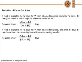 Provision of Food/ Fort Case
If food is available for ‘a’ days for ‘A’ men at a certain place and after ‘b’ days. ‘B’
men join, then the remaining food will serve total men for
Required time = days
If food is available for ‘a’ days for ‘A’ men at a certain place, and after ‘b’ days ‘B’
men leave then the remaining food will serve remaining men for
Required time = days
53
 