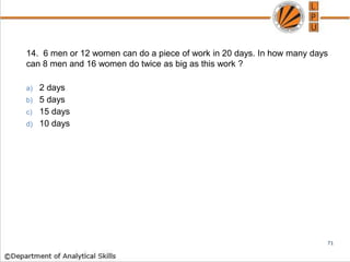 14. 6 men or 12 women can do a piece of work in 20 days. In how many days
can 8 men and 16 women do twice as big as this work ?
a) 2 days
b) 5 days
c) 15 days
d) 10 days
71
 