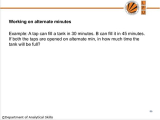 Working on alternate minutes
Example: A tap can fill a tank in 30 minutes. B can fill it in 45 minutes.
If both the taps are opened on alternate min, in how much time the
tank will be full?
86
 