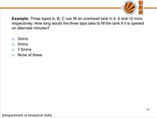 Example: Three tapes A, B, C can fill an overhead tank in 4, 6 and 12 mins
respectively. How long would the three taps take to fill the tank if it is opened
on alternate minutes?
a) 3mins
b) 5mins
c) 7.5mins
d) None of these
88
 