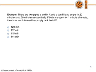 Example: There are two pipes a and b. A and b can fill and empty in 20
minutes and 30 minutes respectively. If both are open for 1 minute alternate,
then how much time will an empty tank be full?
a) 120 min
b) 117 min
c) 115 min
d) 114 min
91
 