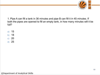1. Pipe A can fill a tank in 36 minutes and pipe B can fill it in 45 minutes. If
both the pipes are opened to fill an empty tank, in how many minutes will it be
full?
a) 15
b) 18
c) 20
d) 25
93
 