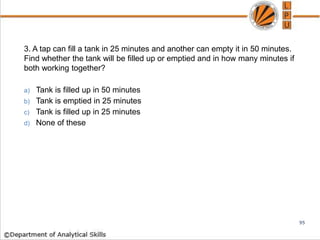 3. A tap can fill a tank in 25 minutes and another can empty it in 50 minutes.
Find whether the tank will be filled up or emptied and in how many minutes if
both working together?
a) Tank is filled up in 50 minutes
b) Tank is emptied in 25 minutes
c) Tank is filled up in 25 minutes
d) None of these
95
 