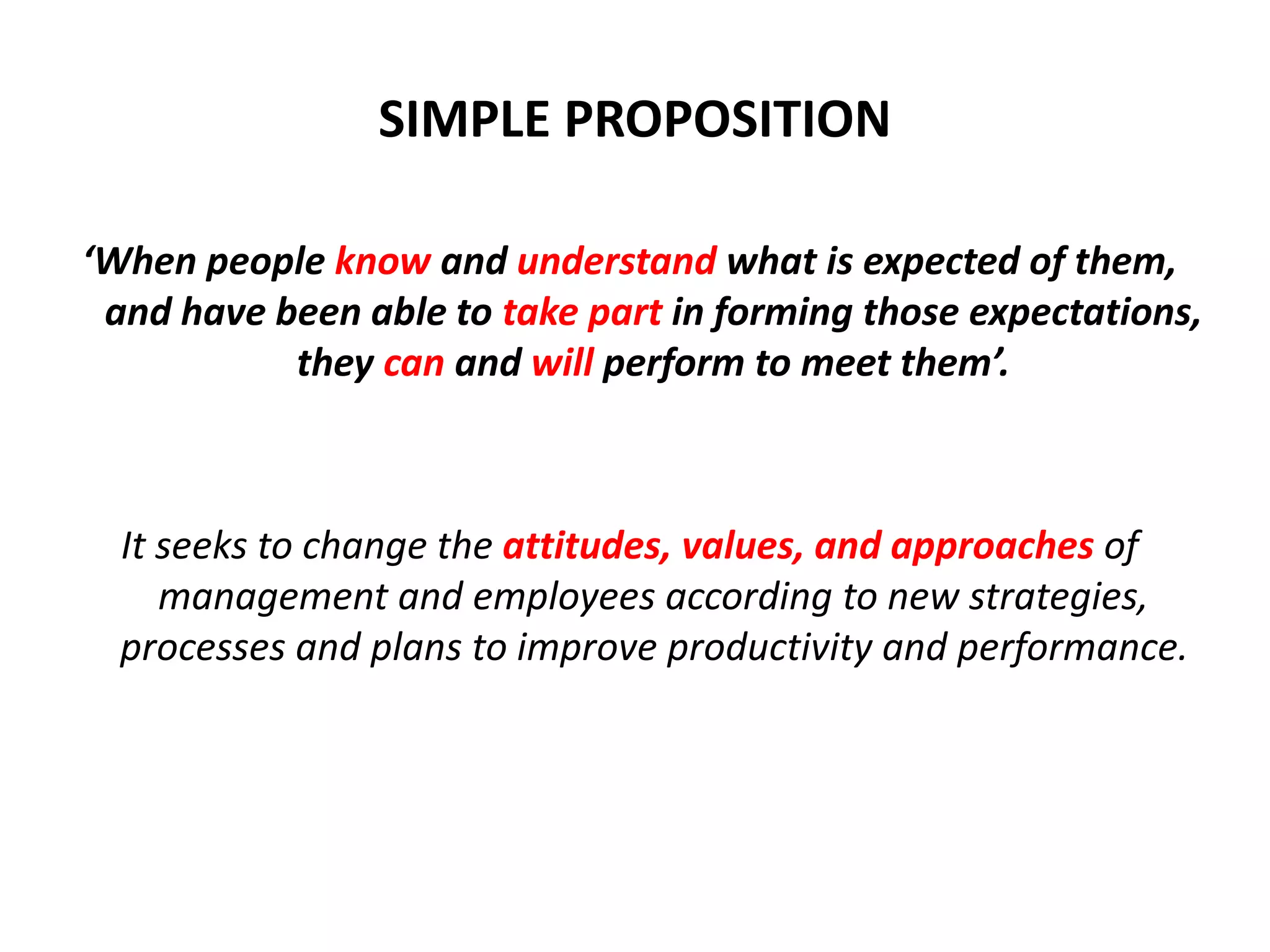SIMPLE PROPOSITION
‘When people know and understand what is expected of them,
and have been able to take part in forming those expectations,
they can and will perform to meet them’.
It seeks to change the attitudes, values, and approaches of
management and employees according to new strategies,
processes and plans to improve productivity and performance.
 