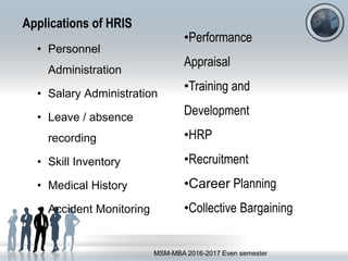 Applications of HRIS
• Personnel
Administration
• Salary Administration
• Leave / absence
recording
• Skill Inventory
• Medical History
• Accident Monitoring
MSM-MBA 2016-2017 Even semester
•Performance
Appraisal
•Training and
Development
•HRP
•Recruitment
•Career Planning
•Collective Bargaining
 