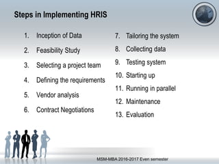 Steps in Implementing HRIS
1. Inception of Data
2. Feasibility Study
3. Selecting a project team
4. Defining the requirements
5. Vendor analysis
6. Contract Negotiations
MSM-MBA 2016-2017 Even semester
7. Tailoring the system
8. Collecting data
9. Testing system
10. Starting up
11. Running in parallel
12. Maintenance
13. Evaluation
 