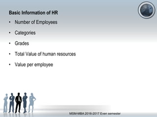 Basic Information of HR
• Number of Employees
• Categories
• Grades
• Total Value of human resources
• Value per employee
MSM-MBA 2016-2017 Even semester
 