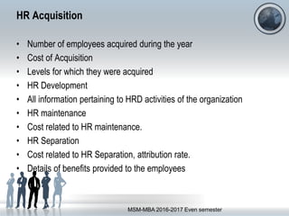HR Acquisition
• Number of employees acquired during the year
• Cost of Acquisition
• Levels for which they were acquired
• HR Development
• All information pertaining to HRD activities of the organization
• HR maintenance
• Cost related to HR maintenance.
• HR Separation
• Cost related to HR Separation, attribution rate.
• Details of benefits provided to the employees
MSM-MBA 2016-2017 Even semester
 