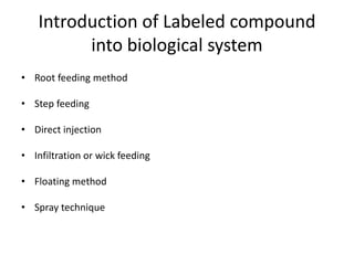 Introduction of Labeled compound
into biological system
• Root feeding method
• Step feeding
• Direct injection
• Infiltration or wick feeding
• Floating method
• Spray technique
 