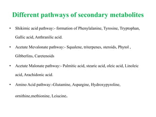 Different pathways of secondary metabolites
• Shikimic acid pathway:- formation of Phenylalanine, Tyrosine, Tryptophan,
Gallic acid, Anthranilic acid.
• Acetate Mevalonate pathway:- Squalene, triterpenes, steroids, Phytol ,
Gibberlins, Caretenoids
• Acetate Malonate pathway:- Palmitic acid, stearic acid, oleic acid, Linoleic
acid, Arachidonic acid.
• Amino Acid pathway:-Glutamine, Aspargine, Hydroxypyroline,
ornithine,methionine, Leiucine.
 