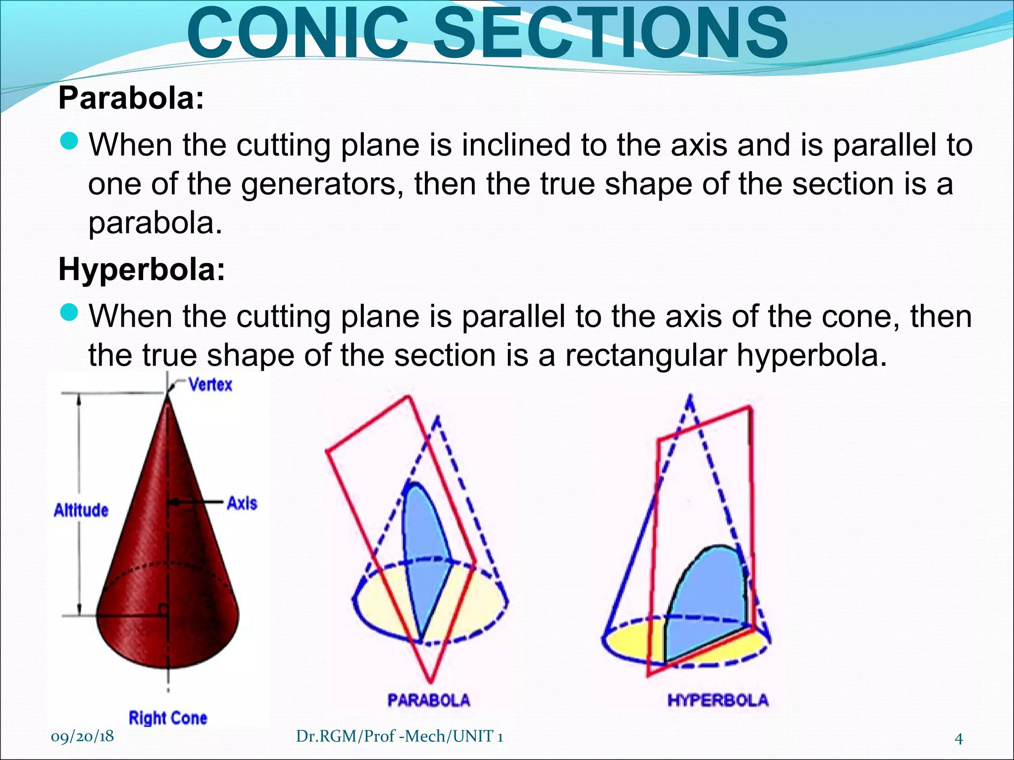 CONIC SECTIONS
Parabola:
When the cutting plane is inclined to the axis and is parallel to
one of the generators, then the true shape of the section is a
parabola.
Hyperbola:
When the cutting plane is parallel to the axis of the cone, then
the true shape of the section is a rectangular hyperbola.
09/20/18 4Dr.RGM/Prof -Mech/UNIT 1
 