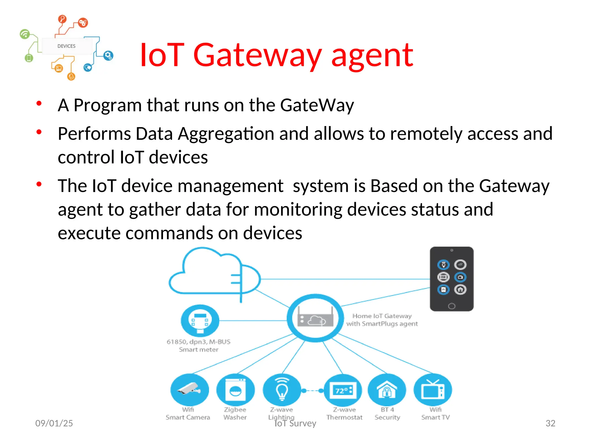 IoT Gateway agent
• A Program that runs on the GateWay
• Performs Data Aggregation and allows to remotely access and
control IoT devices
• The IoT device management system is Based on the Gateway
agent to gather data for monitoring devices status and
execute commands on devices
09/01/25 IoT Survey 32
 