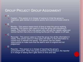 GROUP PROJECT GROUP ASSIGNMENT
 A
 Captain - This person is in charge of seeing to it that the group is
organized, gets started on projects quickly and everyone knows what to
do.
 B
 Monitor - This person keeps track of time to keep the group working
smoothly. This person also sees to it that the group has everything it
needs. The monitor is the only person who can pull the captain aside and
remind her/him that s/he is not doing her/his job if the captain is off task.
 C
 Recorder - This person sees to it that the group has all the information it
needs. This person sees to it that notes are taken or that information is
copied from a website and saved. This person has the added
responsibility to make sure that the team's work is original and not
plagiarized.
 D
 Reporter - This person is in charge of reporting the group's
accomplishments. When the group presents a final product, the reporter
is in charge of seeing that it gets done on time and well.
 
