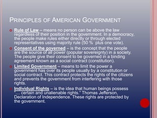 PRINCIPLES OF AMERICAN GOVERNMENT
 Rule of Law – means no person can be above the law
regardless of their position in the government. In a democracy,
the people make rules either directly or through elected
representatives using majority rule (50 % plus one vote).
 Consent of the governed – is the concept that the people
are the source of all power (popular sovereignty) in a society.
The people give their consent to be governed in a binding
agreement known as a social contract (constitution).
 Limited Government – means to limit the power a
government has over its people usually by a constitution or
social contract. This contract protects the rights of the citizens
and prevents the government from interfering with those
rights.
 Individual Rights – is the idea that human beings possess
“… certain and unalienable rights.” Thomas Jefferson,
Declaration of Independence. These rights are protected by
the government.
 