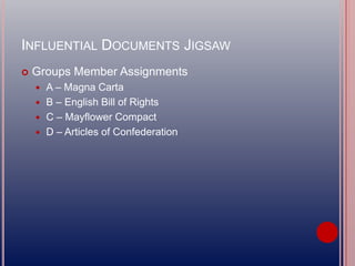 INFLUENTIAL DOCUMENTS JIGSAW
 Groups Member Assignments
 A – Magna Carta
 B – English Bill of Rights
 C – Mayflower Compact
 D – Articles of Confederation
 
