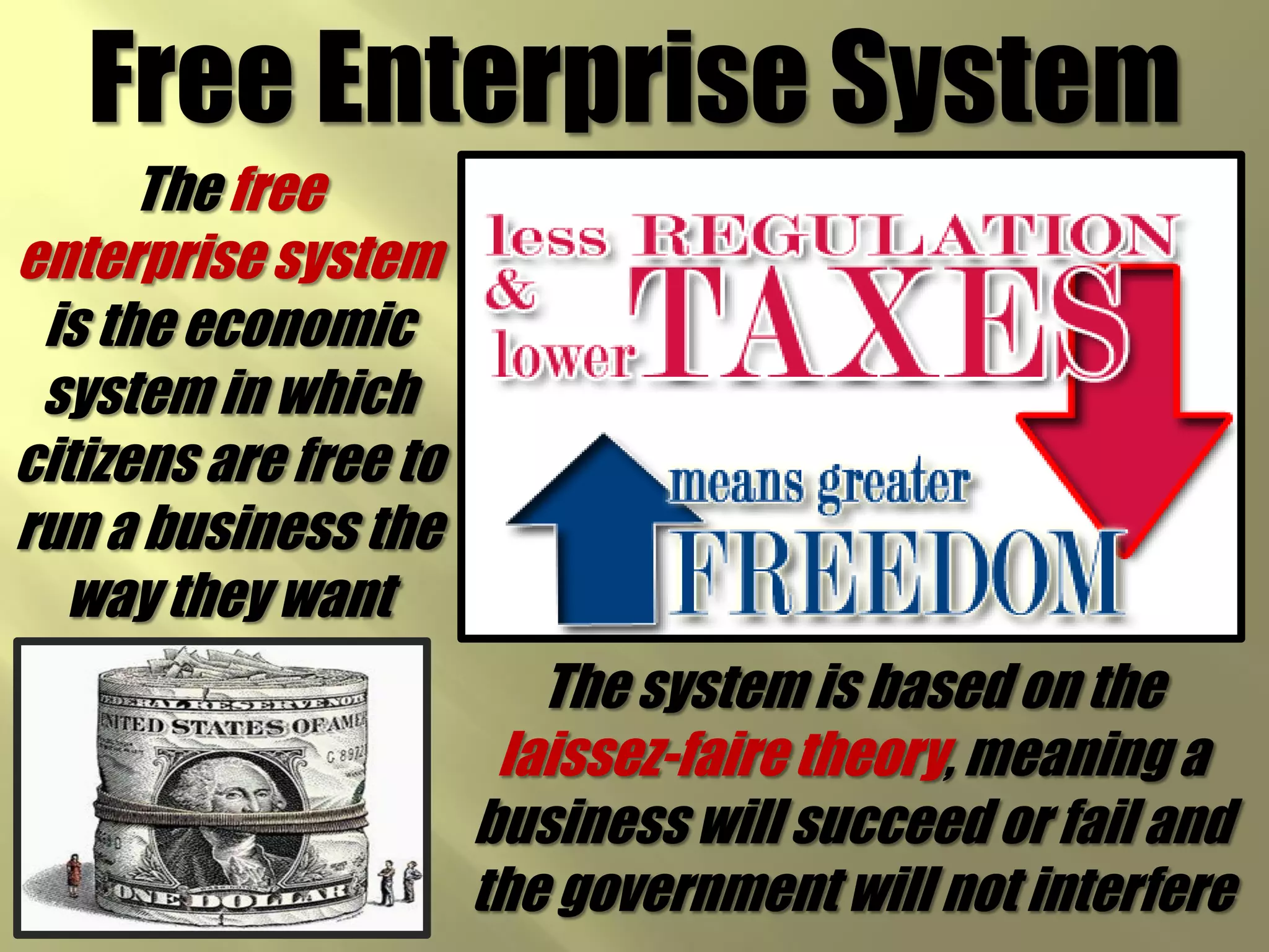 Free Enterprise System
      The free
enterprise system
 is the economic
 system in which
citizens are free to
run a business the
  way they want
                          The system is based on the
                        laissez-faire theory, meaning a
                       business will succeed or fail and
                       the government will not interfere
 