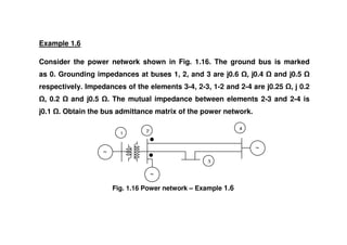 Example 1.6
Consider the power network shown in Fig. 1.16. The ground bus is marked
as 0. Grounding impedances at buses 1, 2, and 3 are j0.6 , j0.4 and j0.5
respectively. Impedances of the elements 3-4, 2-3, 1-2 and 2-4 are j0.25 , j 0.2
, 0.2 and j0.5 . The mutual impedance between elements 2-3 and 2-4 is
j0.1 . Obtain the bus admittance matrix of the power network.
Fig. 1.16 Power network – Example 1.6
2
4
3
1
 