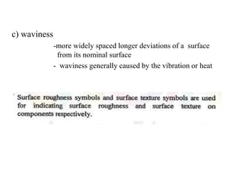 c) waviness
-more widely spaced longer deviations of a surface
from its nominal surface
- waviness generally caused by the vibration or heat
 