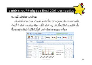 องค์ ประกอบทีสําคัญของ Excel 2007 ประกอบด้ วย
 3.4 แท็บคําสังตามบริบท
    แท็บคําสังตามบริ บท เป็ นแท็บคําสังทีจะปรากฏตามบริ บทของงาน คือ
 วัตถุที กําลังทํางานด้ วยหรื องานทีกําลังทําอยู่ แท็บนีจะมีสีสนและมีคําสัง
                                                               ั
 ทีเหมาะสําหรับนําไปใช้ กบสิงที เรากําลังทํางานอยูมากทีสุด
                           ั                          ่




                                  ครูพีรญา ดุนขุนทด                           10
 