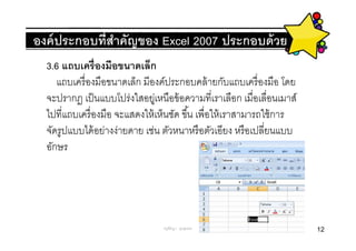 องค์ ประกอบทีสําคัญของ Excel 2007 ประกอบด้ วย
  3.6 แถบเครืองมือขนาดเล็ก
     แถบเครื องมือขนาดเล็ก มีองค์ประกอบคล้ ายกับแถบเครื องมือ โดย
  จะปรากฏ เป็ นแบบโปร่งใสอยูเ่ หนือข้ อความทีเราเลือก เมือเลือนเมาส์
  ไปทีแถบเครื องมือ จะแสดงให้ เห็นชัด ขึน เพือให้ เราสามารถใช้ การ
  จัดรูปแบบได้ อย่างง่ายดาย เช่น ตัวหนาหรื อตัวเอียง หรื อเปลียนแบบ
  อักษร




                                 ครูพีรญา ดุนขุนทด                     12
 