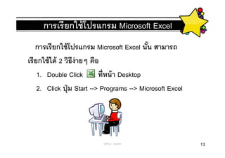 การเรี ยกใช้ โปรแกรม Microsoft Excel
    การเรี ยกใช้ โปรแกรม Microsoft Excel นัน สามารถ
เรี ยกใช้ ได้ 2 วิธีง่ายๆ คือ
     1. Double Click         ทีหน้ า Desktop
     2. Click ปุ่ ม Start --> Programs --> Microsoft Excel




                            ครูพีรญา ดุนขุนทด                13
 