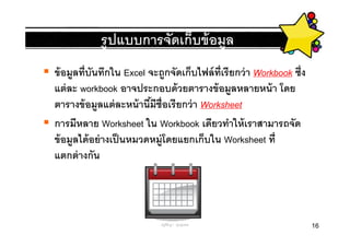 รู ปแบบการจัดเก็บข้ อมูล
ข้ อมูลทีบันทึกใน Excel จะถูกจัดเก็บไฟล์ ทเรี ยกว่ า Workbook ซึง
                                             ี
แต่ ละ workbook อาจประกอบด้ วยตารางข้ อมูลหลายหน้ า โดย
ตารางข้ อมูลแต่ ละหน้ านีมีชือเรี ยกว่ า Worksheet
การมีหลาย Worksheet ใน Workbook เดียวทําให้ เราสามารถจัด
ข้ อมูลได้ อย่ างเป็ นหมวดหมู่โดยแยกเก็บใน Worksheet ที
แตกต่ างกัน




                           ครูพีรญา ดุนขุนทด                        16
 